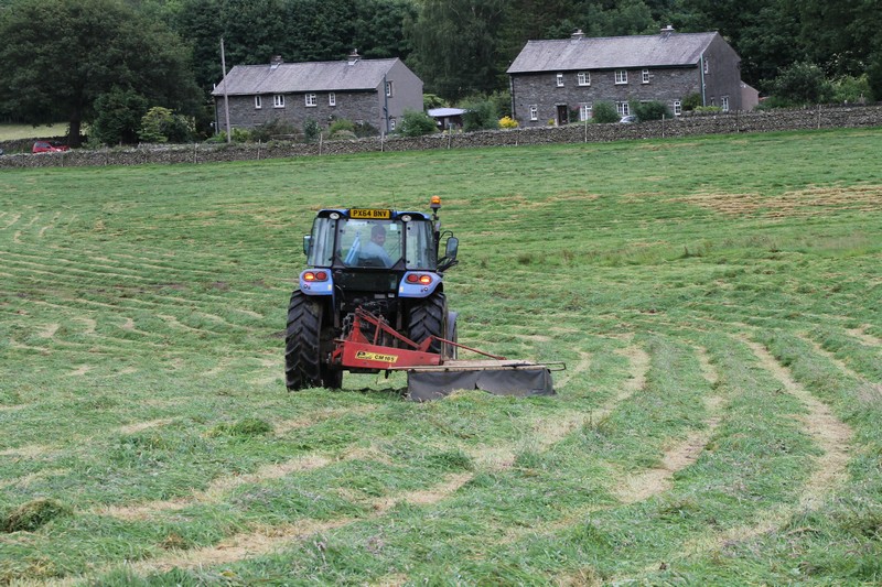 A tractor turning freshly mown hay in a meadow